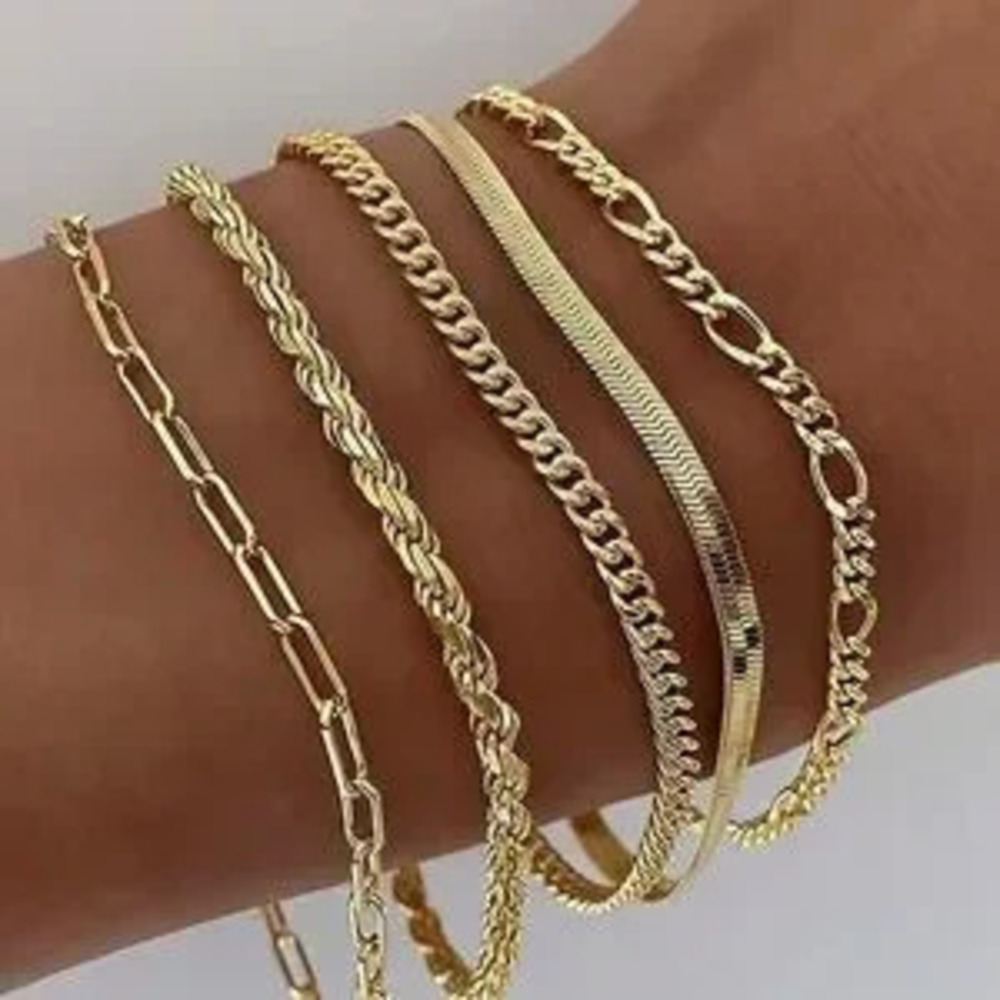 Gold Plated Stainless Steel 5PC Chain Bracelet Stack Layered Set